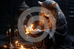 Gray Cat in Black Kimono Holding Two Candles in Front of Burning Candles