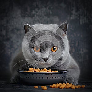 Gray cat eating dry food from bowl on grey background