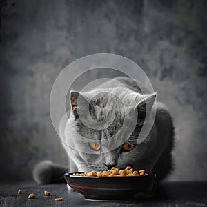 Gray cat eating dry food from bowl on grey background