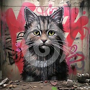Gray cat grafitti paint on the wall