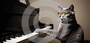 Gray Cat at Grand Piano