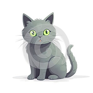 a gray cat with green eyes sitting down and looking at the camera with a sad look on its face, on a white background with a