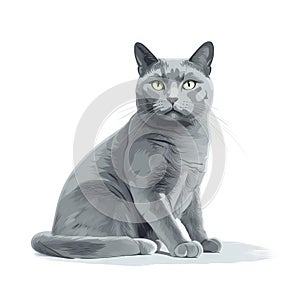 a gray cat with green eyes sitting on a white background with a shadow of its head on the cat\'s back