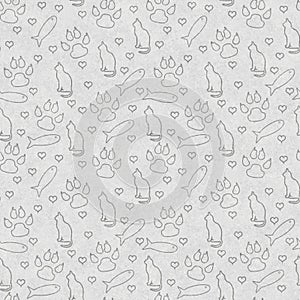 Gray cat, paw prints, fish, and hearts seamless and repeat pattern background