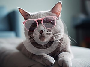 Gray cat in pink glasses lying on the sofa. The glasses give her a playful and stylish look, and her relaxed expression