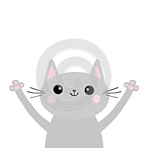 Gray cat silhouette head and hands up. Cute cartoon kitty character. Kawaii animal. Funny baby kitten with eyes, mustaches, nose,