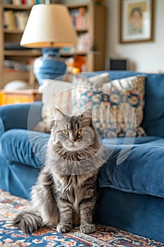 A gray cat sitting on a blue couch in a living room. Generative AI