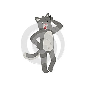 Gray cat standing and talking on the phone, cute animal cartoon character with modern gadget vector Illustration on a