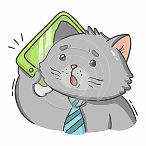Gray cat in a tie talking on the phone