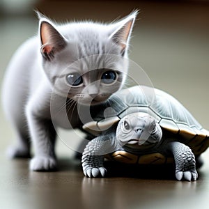 Gray cat and turtle,generated illustration with ai