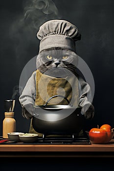 Gray cat wearing chef hat and cooking in kitchen with various pots and pans