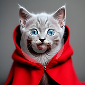 Gray cat wearing a red cloak,generated illustration with ai