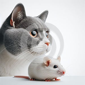 Gray cat and white rat on a white background, close-up