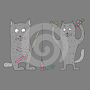 Gray cats fishing. Funny cat with a fishing rod in his hands catches fish. Vector illustration. Comics.. Cartoon.