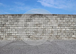 Gray cement block wall with an asphalt street in front and blue sky above.