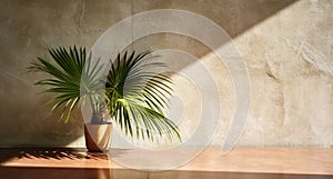 Gray cement wall and floor, palm tree in vase in a sunlight, shadow, sunrays effect from window, for luxury interior design