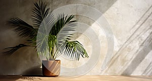 Gray cement wall and floor, palm tree in vase in a sunlight, shadow, sunrays effect from window, for luxury interior design