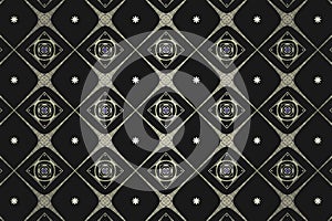 Gray checkered pattern of squares and flower shapes on a black background.