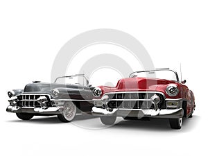 Gray and cherry red cool vintage cars with white wall tires