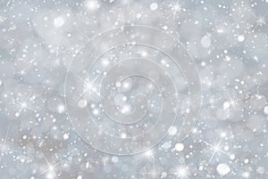 Gray Christmas Background With Snwoflakes, Bokeh And Stars, Blue Color