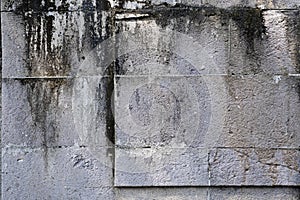 Gray cinder block concrete wall with black mildew stains background texture