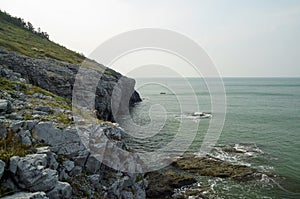 Gray cliffs covered with vegetation by the dark sea water