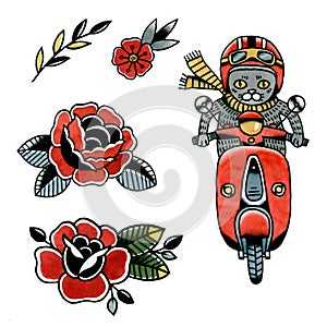 Gray code on a moped and flowers sketch tattoo