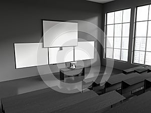 Gray college classroom corner with projection screen and whiteboards