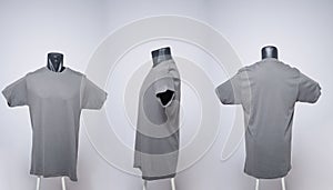 Gray color blank men`s t-shirt template, view from three directions