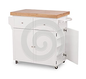 Gray color wooden kitchen stand, table with a drawer. Modern designer, kitchen cabinet isolated on white background. Series of