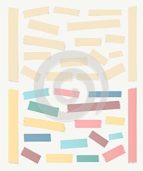 Gray, colorful horizontal and vertical masking, sticky tape pieces on white background