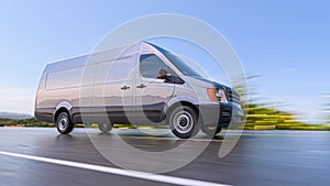 Gray Commercial Van on Highway Motion Blurred 3d Illustration