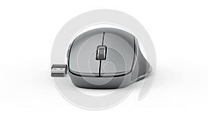 Gray computer mouse with ergonomic design featuring a scroll wheel