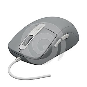 Gray Computer Mouse with White Scroll Wheel and Buttons on White Background grey computer peripheral