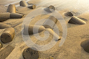 Gray concrete tetrapods protrude from the wet yellow sand. tsunami barrier