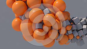 Gray cubes and orange balls. Gray background. Abstract illustration, 3d render, close-up