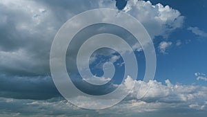 Gray cumulus rain dark clouds panoramic view. Massive dark rain storm clouds bg for weather forecast. Timelapse.