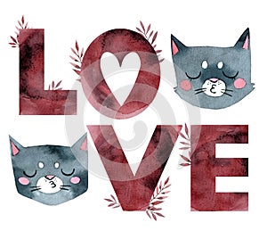 Gray cute cats kiss, heart, letters love pink