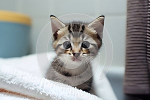 A gray cute kitten in the bathroom in towel . Generative AI