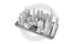 Gray 3D city building with clouds and rain is falling on green space on Smartphone white screen Isolated on a White background, il