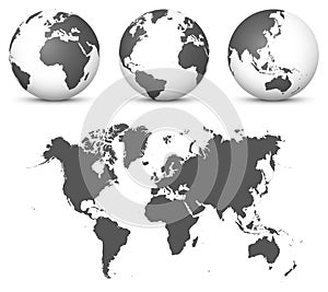 Gray 3D Globe - Earth Vector Set with Undistorted 2D World Map in Gray Color.