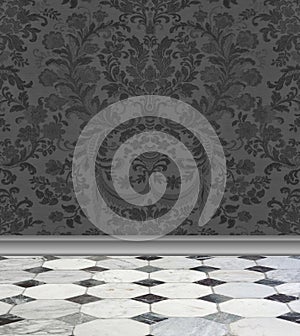 Gray Damask Wall and Marble Floor