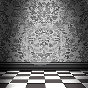 Gray Damask Wallpaper With Gray & White Checkerboard Tile Floor
