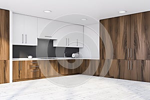 Gray and dark wooden kitchen interior