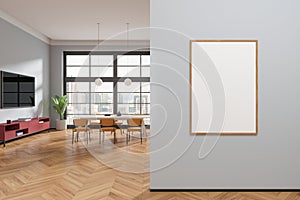 Gray dining room interior with TV and poster