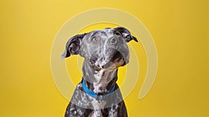 The gray dog with blue collar.AI generated image