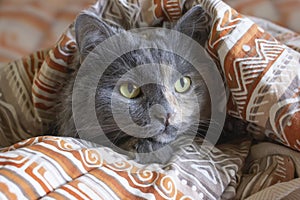 gray domestic cat sleeping in bed on a pillow