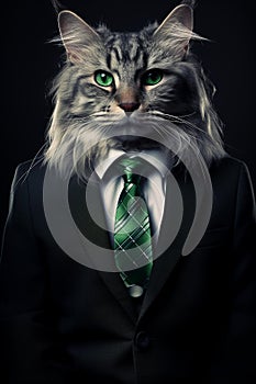 Gray domestic tabby cat wearing a formal suit with a bright green necktie