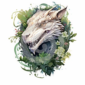 Gray Dragon In Watercolor Style: Fantasy Illustration With Lush Foliage