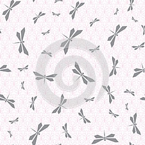 gray dragonfly and pink textured seamless repeat pattern